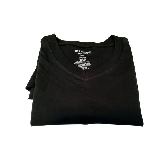 True Religion Black V-Neck T-Shirt With Gold Logo Accent Small 100% Cotton - Picture 3 of 6